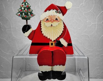 Vintage Wood Santa Shelf Sitter 10" Hand Painted Folk Art Christmas Tree