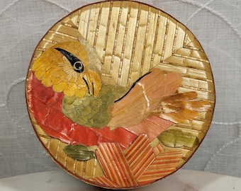 Handmade Straw Bird Jewelry Box 4" Round Woven Trinket Folk Art Keepsake Vintage