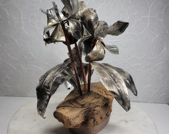 Torch Cut Mixed Media Metal Floral Sculpture Aluminum Driftwood Brutalist Art