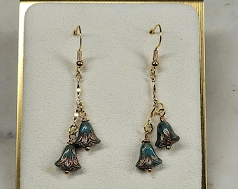 Blue Lily Flower Dangle Drop Earrings Handmade Beaded Whimsical Fairy Boho NEW