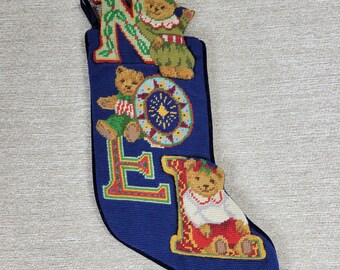 NOEL Needlepoint Christmas Stocking Velvet Wool Teddy Bear Embroidered Vintage