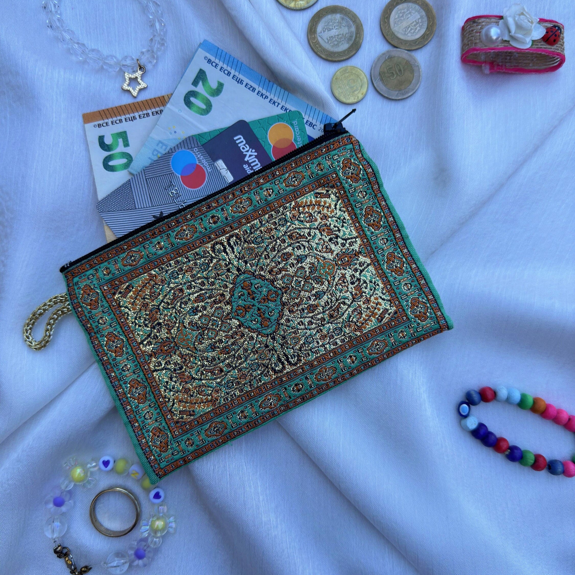 Turkish Rug Carpet Patterned Bohemian Purses, Oriental Zippered Envelop Wallet, Handy Storage Make-Up Bags, Christmas and Best Friend Gifts