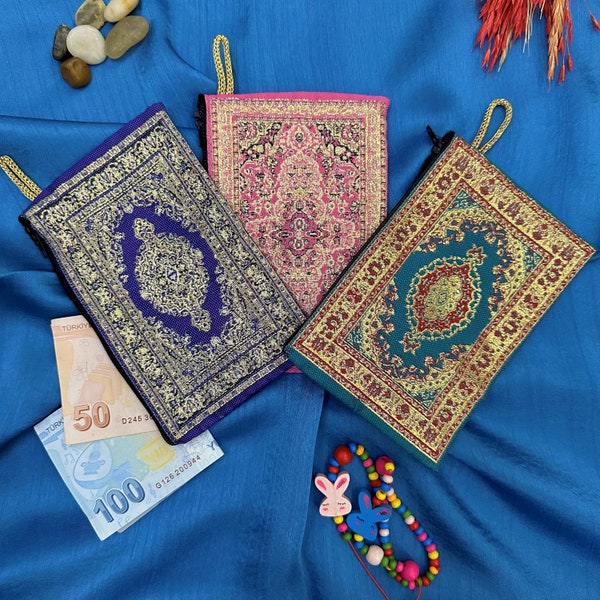 3/6/12 PCS. Slim Zipper Turkish coin purse, Small bag organizer, Turkish woven fabric, Small carpet bag, Ethnic bag, Handmade coin pouch