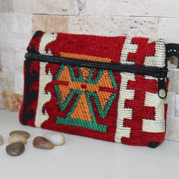 Slim Zipper Turkish coin purse, Small bag organizer, Turkish woven fabric, Small carpet bag, Ethnic bag, Handmade small coin pouch