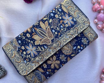 Pochette vintage in broccato floreale, borsa da sera con dettagli dorati