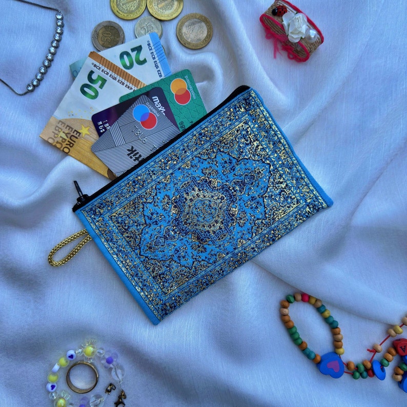 Minimalistische Geldbörse, kleine Reißverschlusstasche, Geldbörse, kleine Geldbörse Boho, Geldbörse mit Reißverschluss, kleine Geldbörse Reisetasche Retro, Vegan Tasche Minimalistisch, Blue Gold