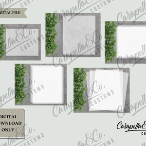 Puede incluir: Archivo digital con cinco plantillas en blanco sobre un fondo gris claro, cada una enmarcada por follaje verde. Los textos "DIGITAL FILE" y "DIGITAL DOWNLOAD ONLY" son visibles. También está presente el logotipo de Carapella & Co.