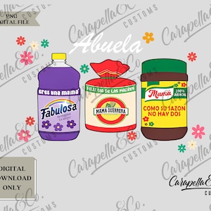 May include: Three colorful bottles with Spanish text. The bottles are labeled "Fabulosa", "Mama Guerrera", and "Mama Como Su Sazon No Hay Dos".