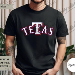 May include: Black t-shirt with a white and red "TEXAS" graphic. The "T" is a star with a blue outline.