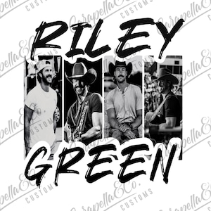 K&ouml;nnte beinhalten: Schwarzwei&szlig;-Fotocollage von drei M&auml;nnern mit dem Text "RILEY GREEN" in fetten schwarzen Buchstaben.