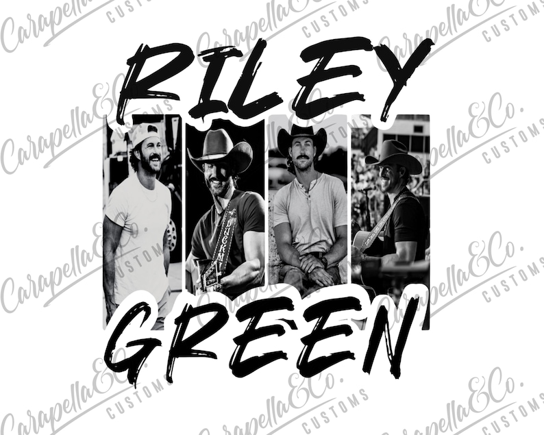 K&ouml;nnte beinhalten: Schwarzwei&szlig;-Fotocollage von drei M&auml;nnern mit dem Text "RILEY GREEN" in fetten schwarzen Buchstaben.