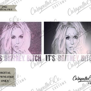 Puede incluir: Una descarga digital de una imagen rosa y blanca de una mujer con el texto "It's Britney, Bitch" en rosa y blanco.