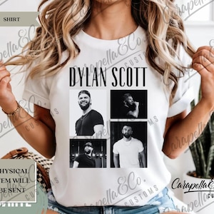 May include: White t-shirt with a black and white photo collage of Dylan Scott. The collage features four photos of Dylan Scott in different poses.