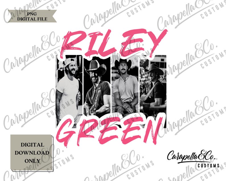 K&ouml;nnte beinhalten: Ein digitaler Download einer Schwarzwei&szlig;-Fotocollage von vier M&auml;nnern mit dem Namen "RILEY GREEN" in pinken Buchstaben oben.