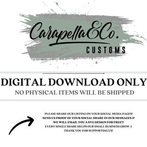 K&ouml;nnte beinhalten: Nur digitaler Download. Keine physischen Artikel werden versandt. Der Text lautet: "Carapella &Co. CUSTOMS DIGITALER DOWNLOAD NUR KEINE PHYSIKALISCHEN ARTIKEL WERDEN VERSANDT BITTE TEILEN SIE UNSERE LISTE AUF IHREN SOZIALEN MEDIEN SEITEN! SENDEN SIE UNS DEN NACHWEIS IHRER SOZIALEN TEILUNG IN UNSEREN NACHRICHTEN UND WIR WERDEN IHNEN EIN SVG-DESIGN KOSTENLOS PER E-MAIL ZUSENDEN!!! JEDER EINZELNE TEIL HILFT UNSEREM KLEINEN GESCH&Auml;FT ZU WACHSEN :) VIELEN DANK F&Uuml;R IHRE UNTERST&Uuml;TZUNG!"