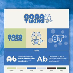 May include: A graphic design featuring the text "BOBA TWINS" in a playful font, accompanied by a cute cat illustration holding a boba drink. The design includes font samples and color swatches, perfect for branding or logo design.