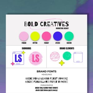 May include: A graphic design layout featuring the text "BOLD CREATIVES" and a "MARKETING AGENCY" subtitle. It showcases a color palette with pink, yellow, magenta, blue, and green swatches. Includes submarks, brand elements, and font examples.