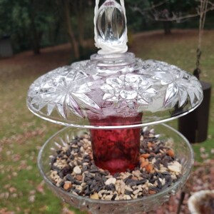 Hanging Vintage Dark Pink Glass Bird Feeder.  Birds love it sparkling in the sun.  Cottagecore & ShabbyChic Yard Decor.   Great Gift