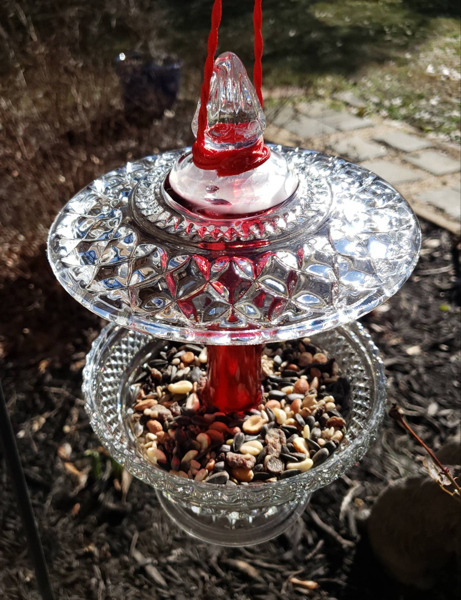 Hanging Vintage Red Glass Bird Feeder. Birds Love It Sparkling in the