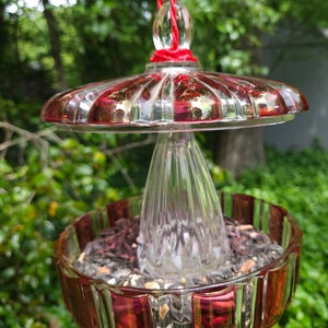 RARE Hanging Vintage Red and Clear Glass Bird Feeder.  Birds love it sparkling in the sun.  Cottagecore & ShabbyChic Yard Decor