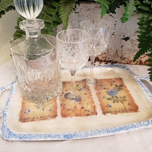 Country French Painted,  Distressed Vintage Silver Plate Rectangular Tray, Cottage Core and Shabby Chic Decor.  Poured Resin Serving Tray