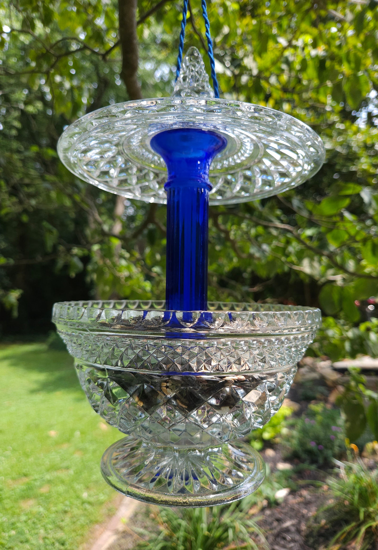 Hanging Vintage Cobalt Blue Glass Bird Feeder. Birds Love It Sparkling