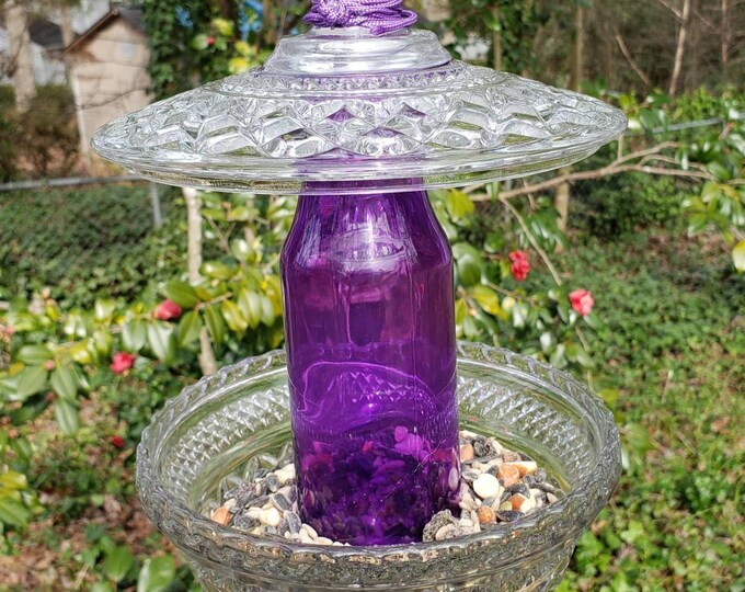Hanging Vintage Purple Glass Bird Feeder. Birds Love It Sparkling in
