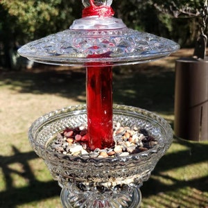 Hanging Vintage Red Glass Bird Feeder.  Birds love it sparkling in the sun.  Cottagecore and Shabby Chic Yard Decor.   Great Gift!