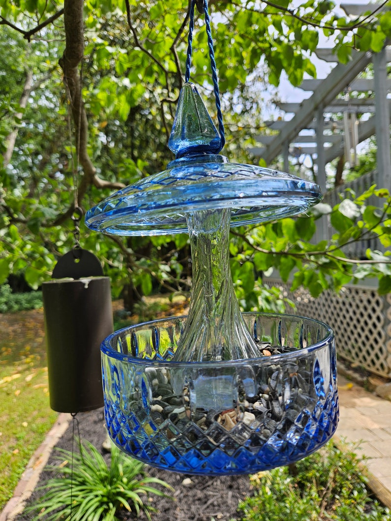 RARE Hanging Vintage Blue Glass Bird Feeder. Birds Love It Etsy