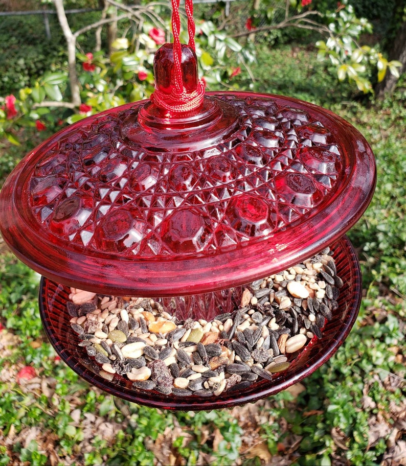Very RARE Hanging Vintage Ruby Red Glass Bird Feeder. Birds Etsy