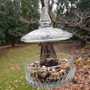 Hanging Vintage Gray Glass Bird Feeder.  Birds love it sparkling in the sun.  Cottagecore and Industrial Yard Decor.   Great Gift!