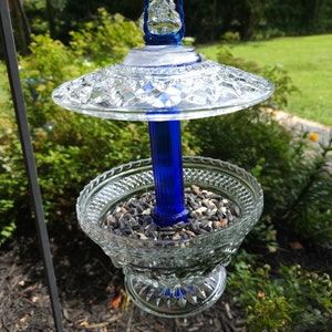 Hanging Vintage Cobalt Blue Glass Bird Feeder.  Birds love it sparkling in the sun.  Cottagecore and Shabby Chic Yard Decor.   Great Gift!