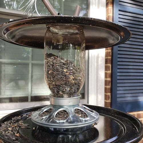 Hanging Mason Jar Bird Feeder. Created with repurposed recycled blue enamelware Pieces. Easy to shops fill. Farmhouse and Industrial Yard Decor.