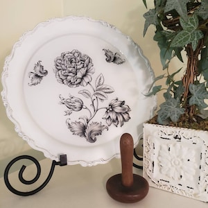 Black & White Country French Painted and Distressed Vintage Silver Round Tray, Cottage Core and Shabby Chic Decor.  Resin Serving Tray