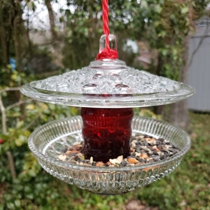 Hanging Vintage Red Glass Bird Feeder.  Birds love it sparkling in the sun.  Cottagecore & ShabbyChic Yard Decor.   Great Gift!