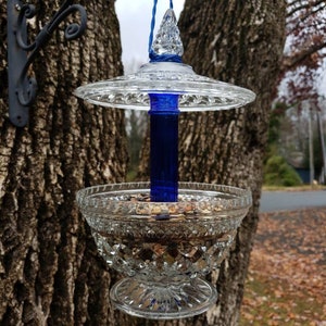 Hanging Vintage Cobalt Blue Glass Bird Feeder.  Birds love it sparkling in the sun.  Cottagecore and Shabby Chic Yard Decor.   Great Gift!