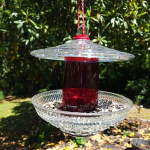 Hanging Vintage Red Glass Bird Feeder.  Birds love it sparkling in the sun.  Cottagecore & ShabbyChic Yard Decor.   Great Gift!