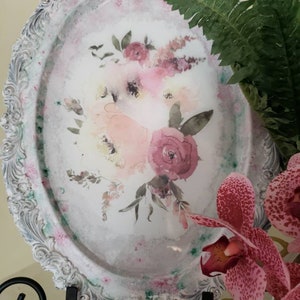 Watercolor Cottagecore Painted and Distressed Vintage Silverplate Oval Tray, French Country and Shabby Chic Decor.  Resin Serving Tray.