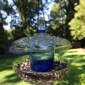 Hanging Vintage Cobalt Blue Glass Bird Feeder.  Birds love it sparkling in the sun.  Cottagecore & ShabbyChic Yard Decor.   Great Gift
