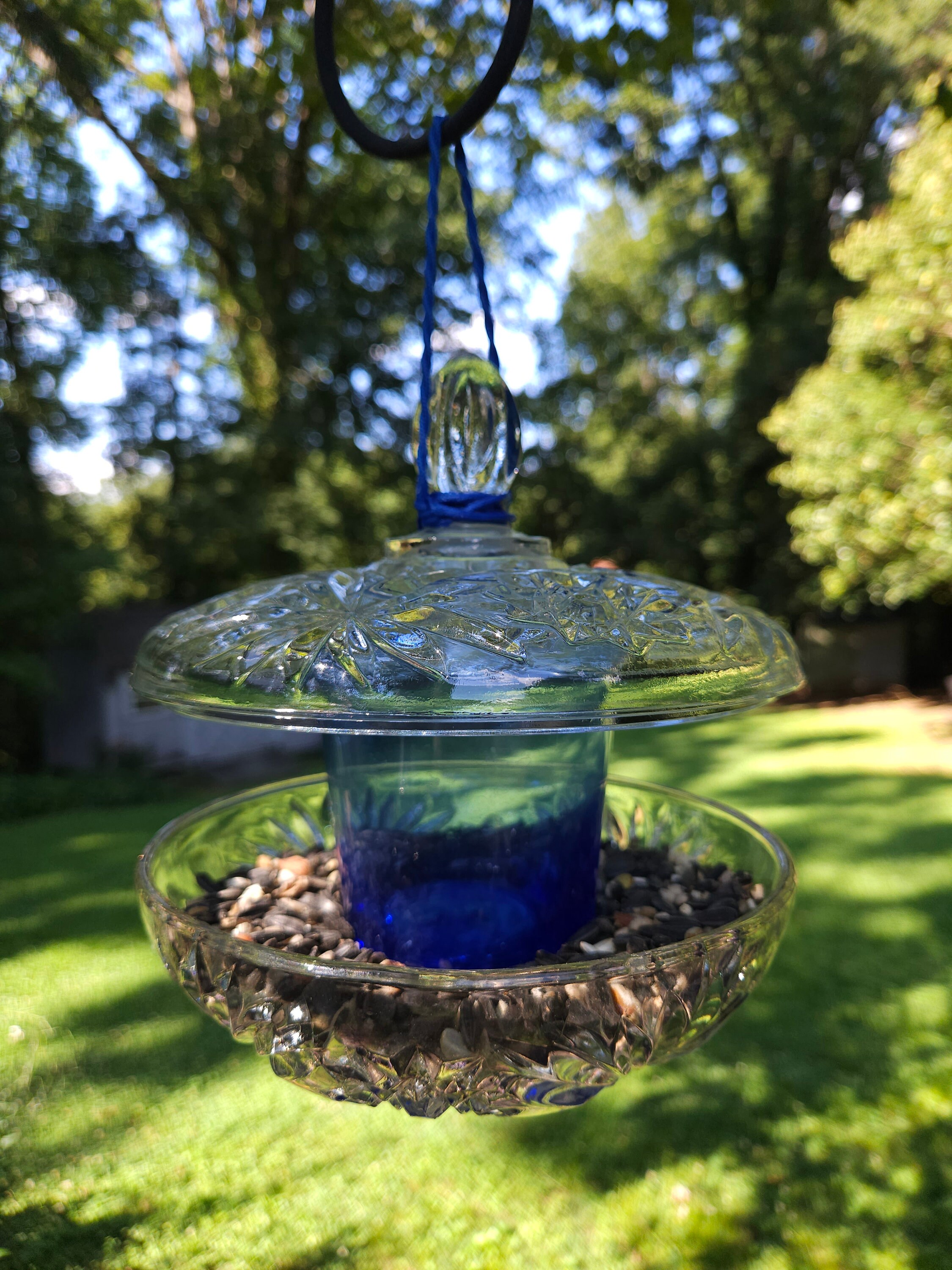 Hanging Vintage Cobalt Blue Glass Bird Feeder. Birds Love It Sparkling