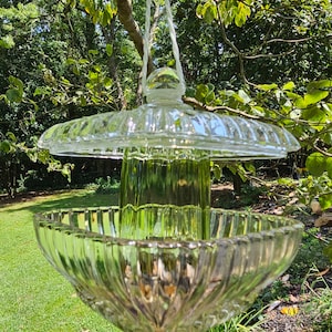 Hanging Vintage Green Glass Bird Feeder.  Birds love it sparkling in the sun.  Cottagecore & ShabbyChic Yard Decor.   Great Gift