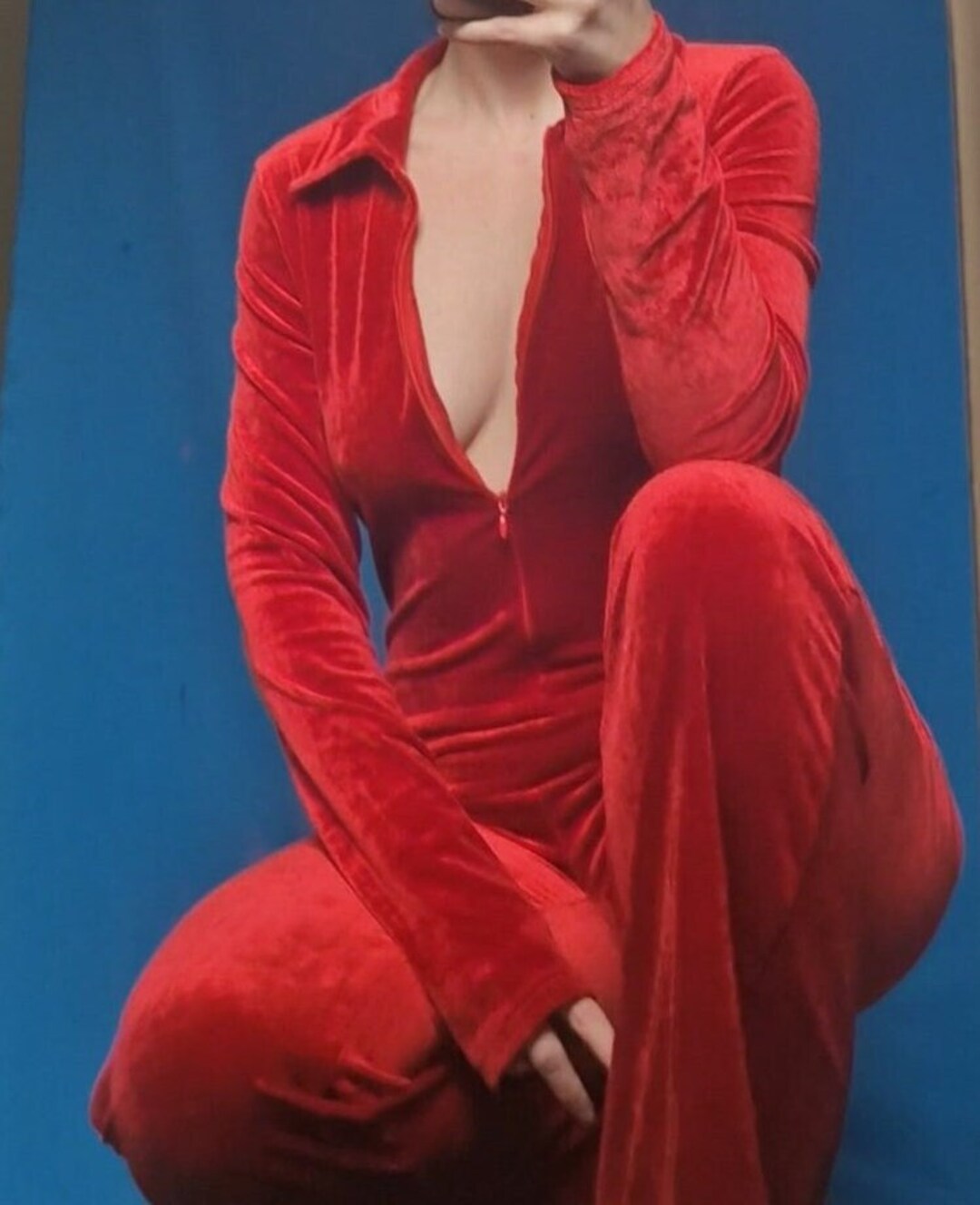 Velvet Jumpsuit 70's Vintage Style Long Sleeved & Fold Down Collar With