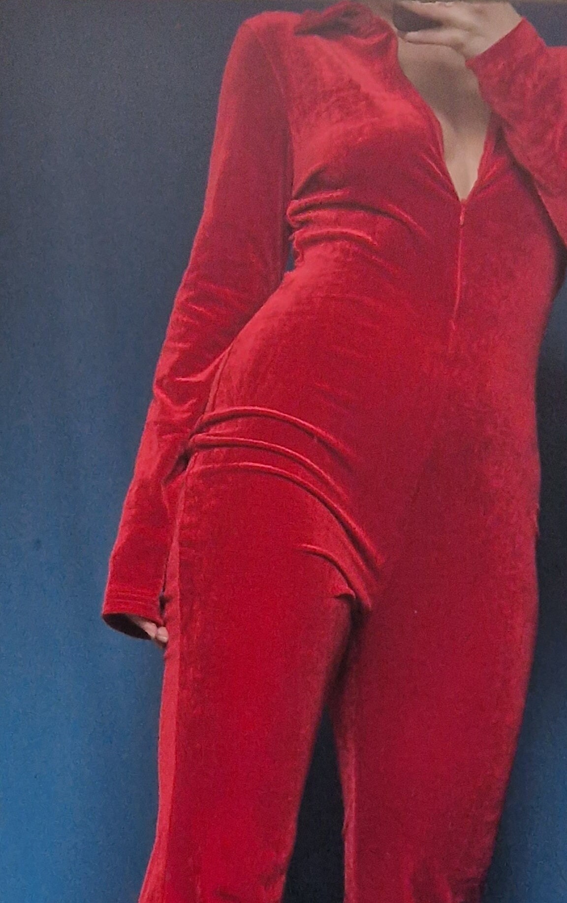 Velvet Jumpsuit 70's Vintage Style Long Sleeved & Fold Down Collar With