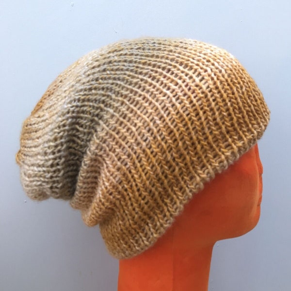 Handmade knitted double layered reversible beanie yellow grey