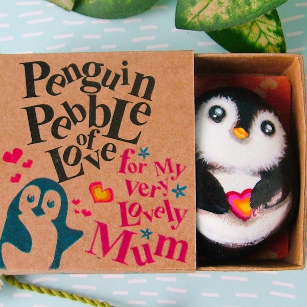 Pocket hug penguin pebble for best mum ever, Handpainted present for mummy in cute box, with greetings card and heartfelt thank you message