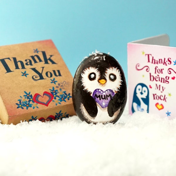 Pocket hug penguin gift and You are my rock card for mothers day, Adorable painted rock to amazing Mum, Memorable treasure for wonderful mum