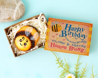 Hand Painted Rock Pocket Hug Bumblebee Gift, Bumble Bee Birthday Present for Someone Special