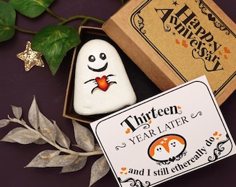 Quirky 13 Anniversary Gift, Painted Rock Ghost Pocket Hug, Dark Romance Love Story