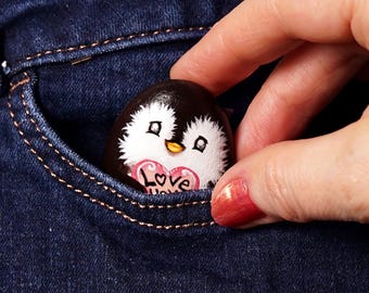 Hand Painted Rock Penguin Pocket Hug in box, including Penguin Pebble of love Story