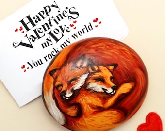 Hand Painted Rock Paperweight Fox Gift & Valentines Card with Optional Personalisation